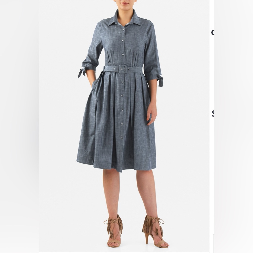 Tie sleeve cotton chambray shirt dress with pockets
